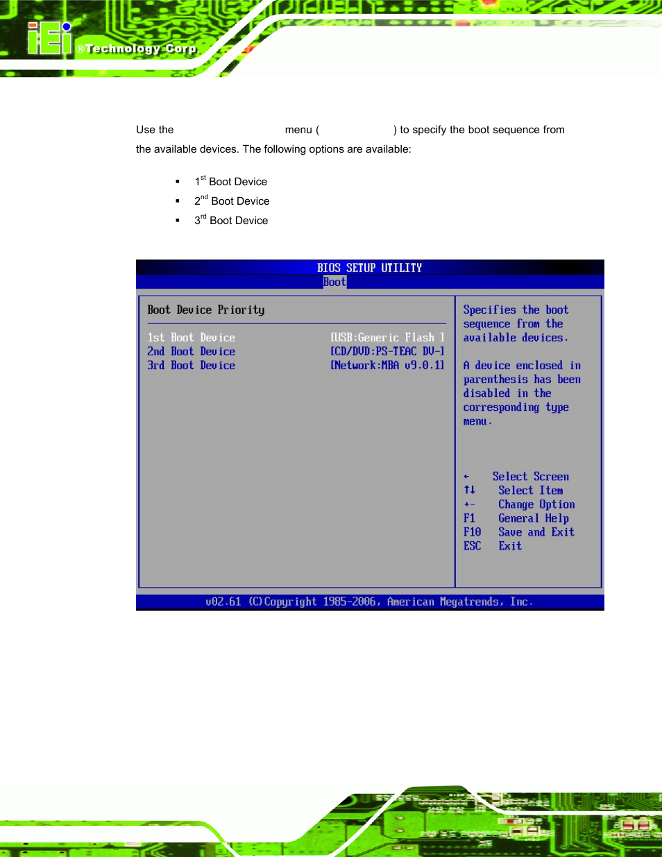 2 boot device priority, Menu 16: boot device priority settings | IEI Integration PPC-37xx-N270 v2.00 User Manual | Page 114 / 155