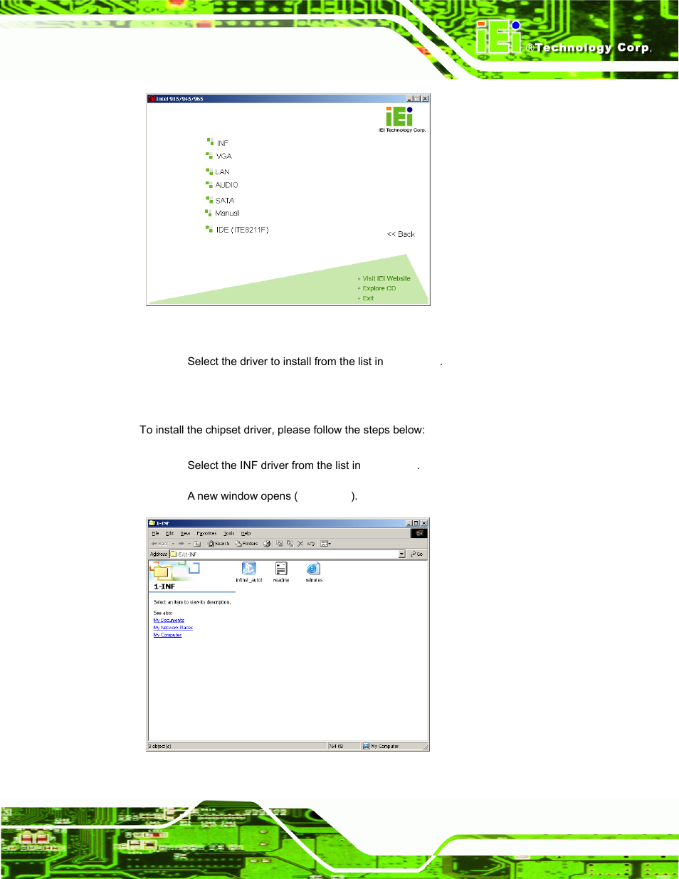 3 chipset driver installation, Hipset, River | Nstallation, Figure 6-1: available drivers, Figure 6-2: chipset driver installation program | IEI Integration PPC-37xx-N270 v2.00 User Manual | Page 125 / 155