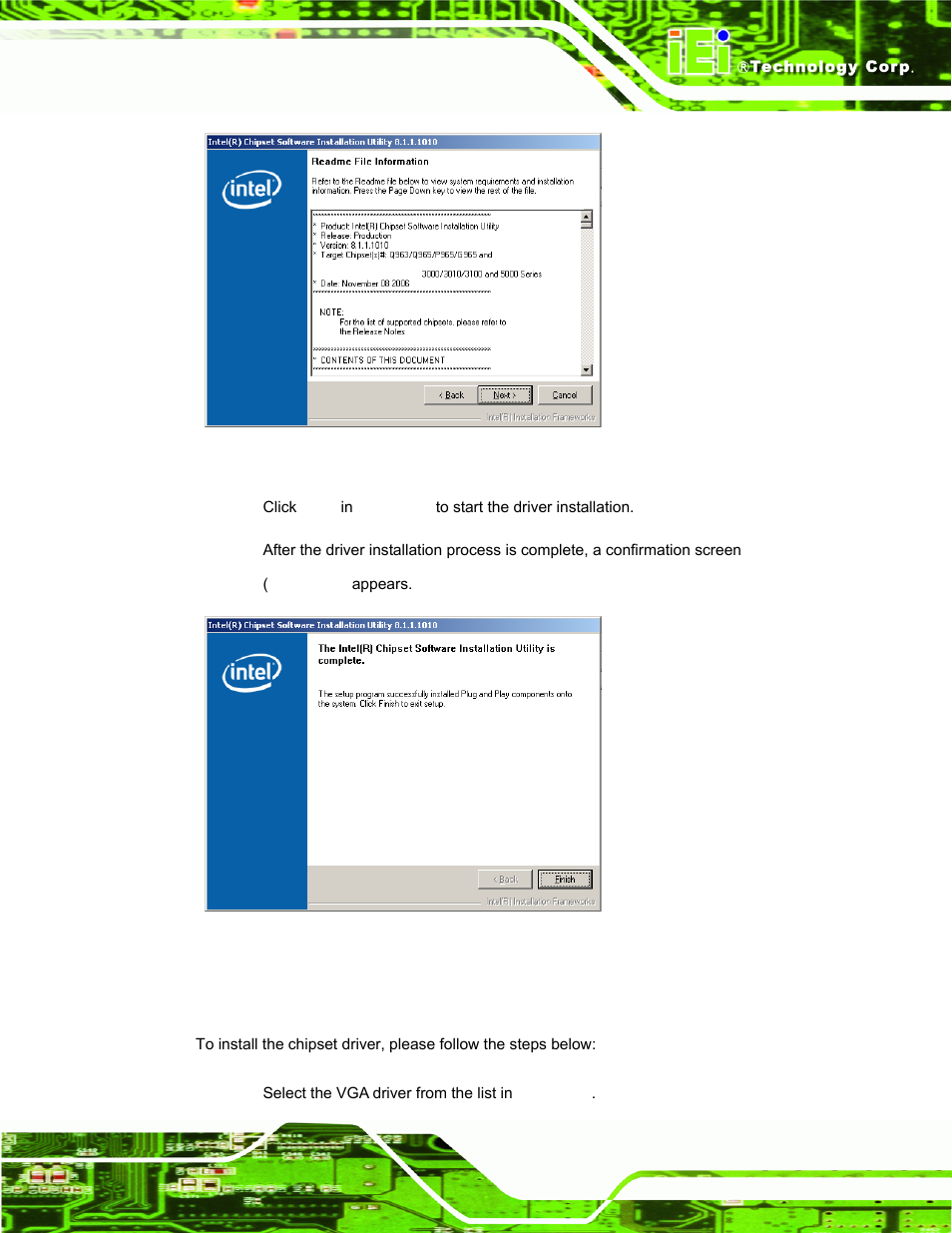 4 intel® graphics media accelerator driver, Ntel, Raphics | Edia, Ccelerator, River, Figure 6-5: chipset driver readme file information, Figure 6-6: chipset driver installation complete, Figure 6-5, 4 intel | IEI Integration PPC-37xx-N270 v2.00 User Manual | Page 127 / 155