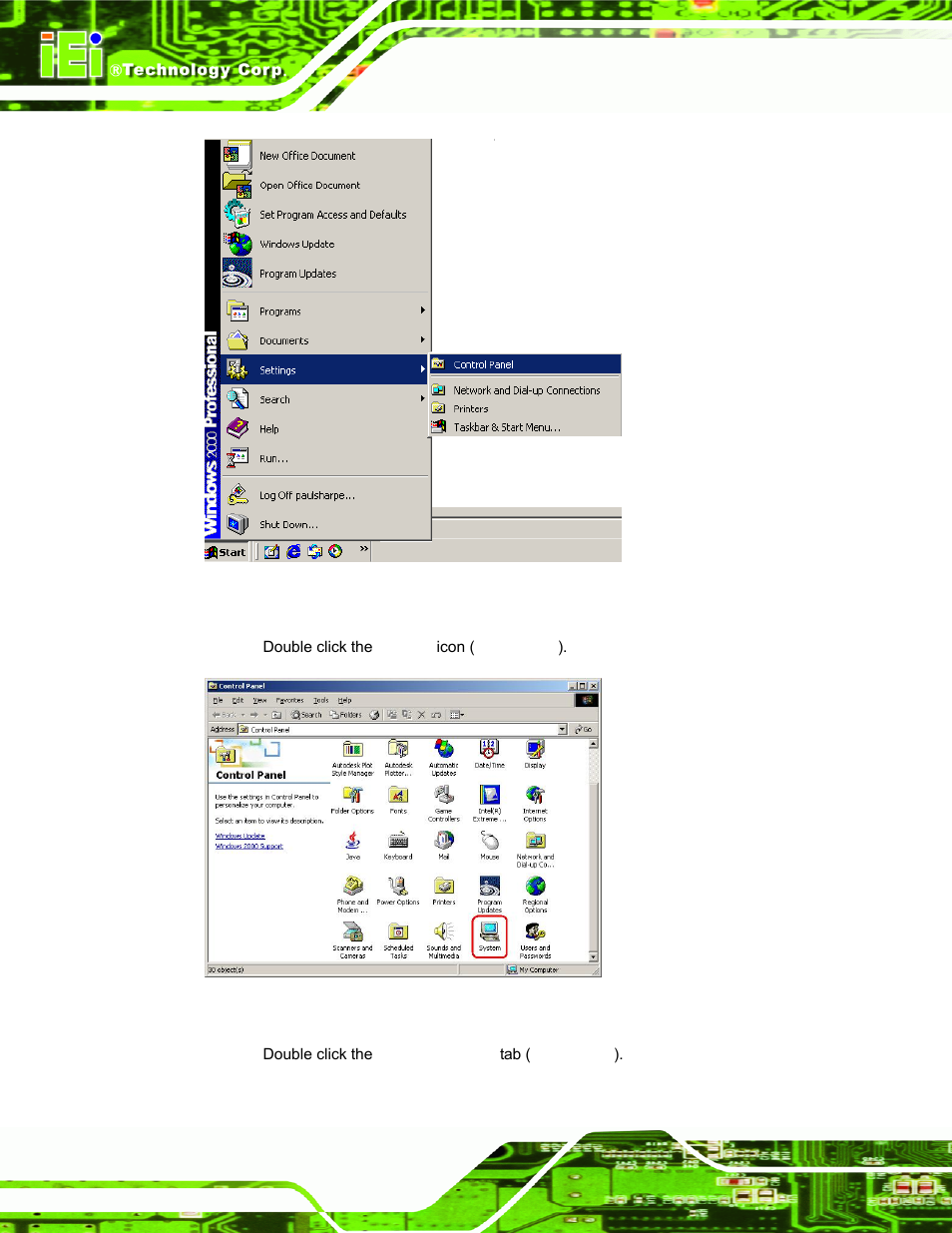 Figure 6-15: access windows control panel, Figure 6-16: double click the system icon | IEI Integration PPC-37xx-N270 v2.00 User Manual | Page 132 / 155