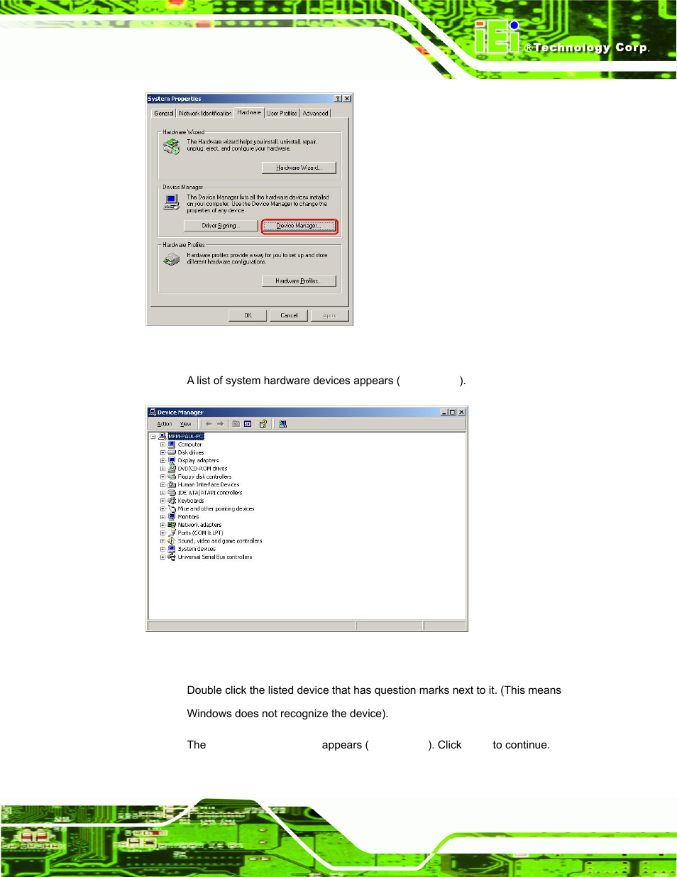 Figure 6-17: double click the device manager tab, Figure 6-18: device manager list | IEI Integration PPC-37xx-N270 v2.00 User Manual | Page 133 / 155