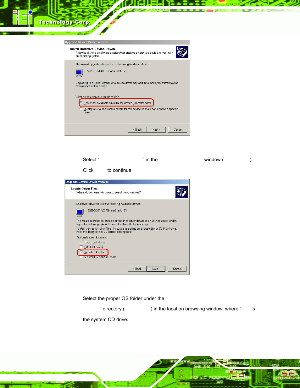 Figure 6-19: search for suitable driver, Figure 6-20: locate driver files | IEI Integration PPC-37xx-N270 v2.00 User Manual | Page 134 / 155