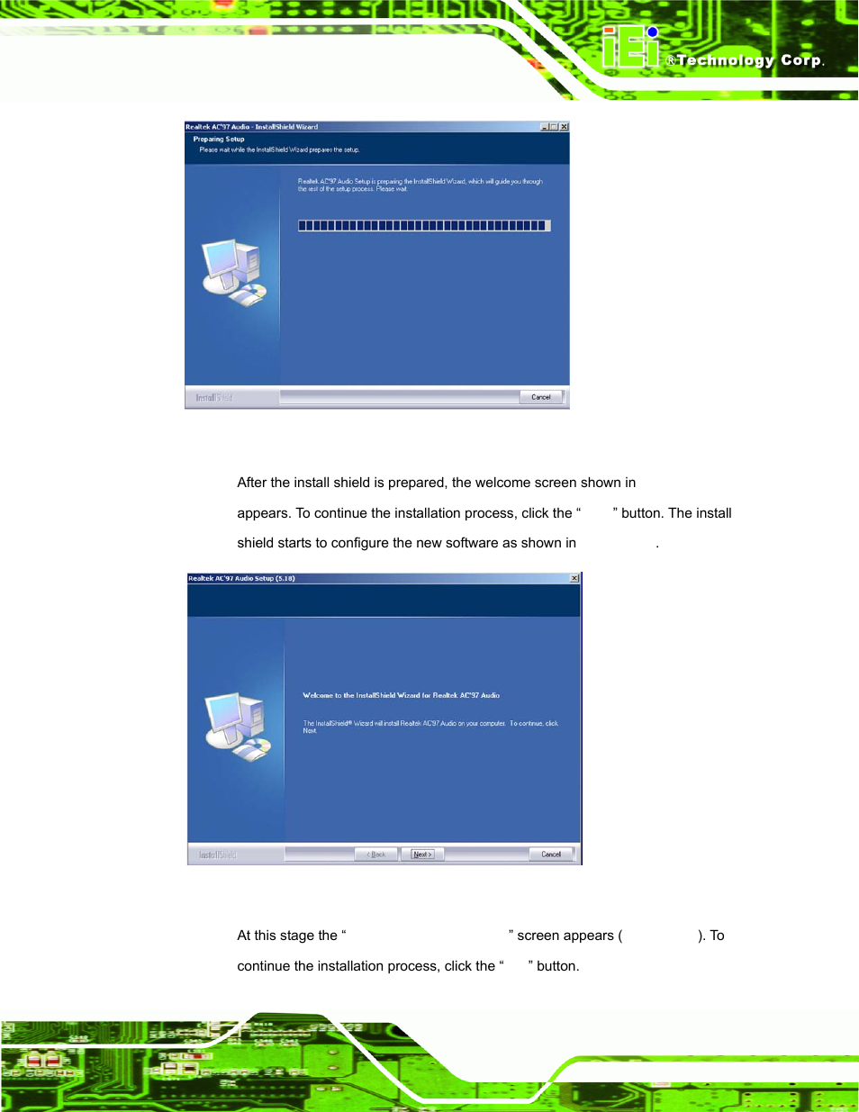 Figure 6-24: ac`97 audio driver setup preparation, Figure 6-25: ac`97 audio driver welcome screen | IEI Integration PPC-37xx-N270 v2.00 User Manual | Page 137 / 155
