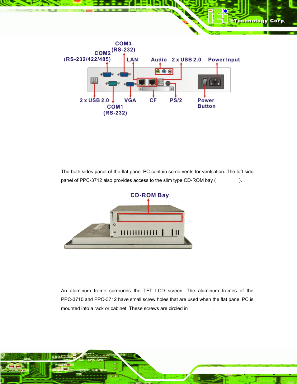 4 side panel, 5 frame, Figure 1-7: ppc-3712b-n270 bottom view | Figure 1-8: ppc-3712a/b-n270 left view | IEI Integration PPC-37xx-N270 v2.00 User Manual | Page 21 / 155