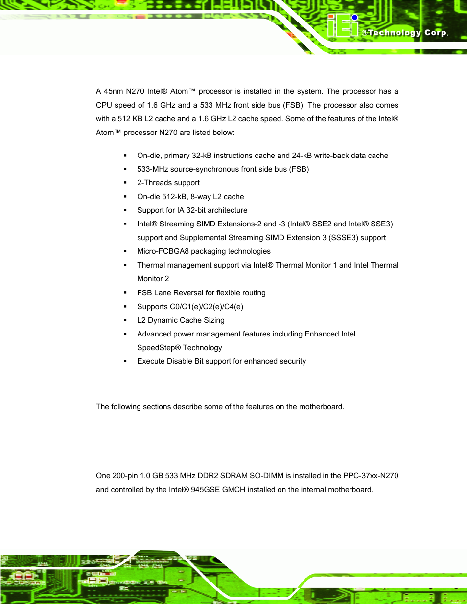 2 intel® atom™ processor, 3 motherboard components, 1 memory support | 1 installed memory, Ntel, Rocessor, Otherboard, Omponents | IEI Integration PPC-37xx-N270 v2.00 User Manual | Page 29 / 155