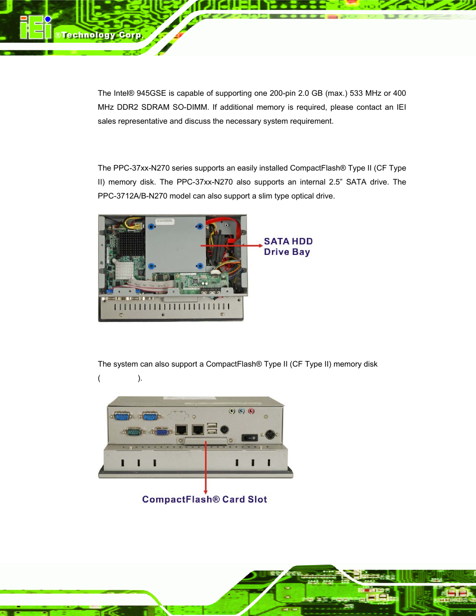 2 additional memory, 2 storage capacity, Figure 2-5: ppc-3708a sata hard disk drive bay | Figure 2-6: ppc-3708a compactflash® slot | IEI Integration PPC-37xx-N270 v2.00 User Manual | Page 30 / 155