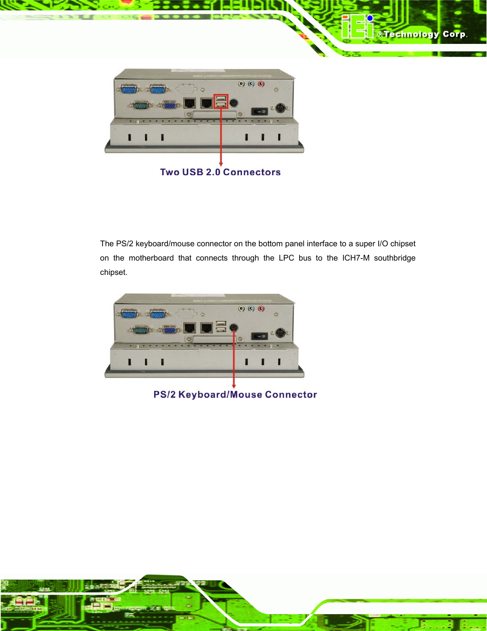 4 keyboard and mouse connectivity, Figure 2-9: ppc-3708a external usb ports, Figure 2-10: ppc-3708a ps/2 connector | IEI Integration PPC-37xx-N270 v2.00 User Manual | Page 33 / 155