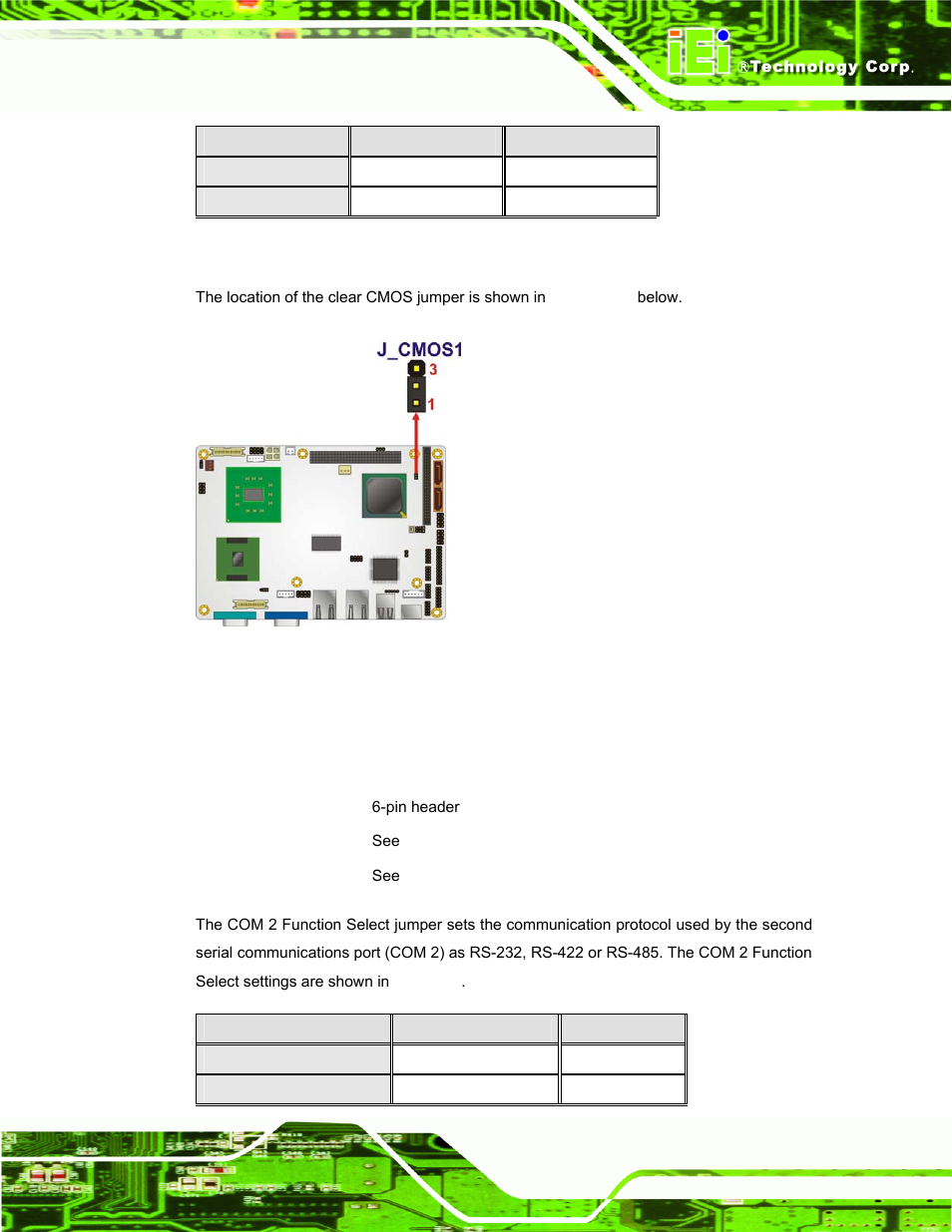 6 com 2 function select jumper, Figure 4-18: clear cmos jumper, Table 4-5: clear cmos jumper settings | IEI Integration PPC-37xx-N270 v2.00 User Manual | Page 59 / 155