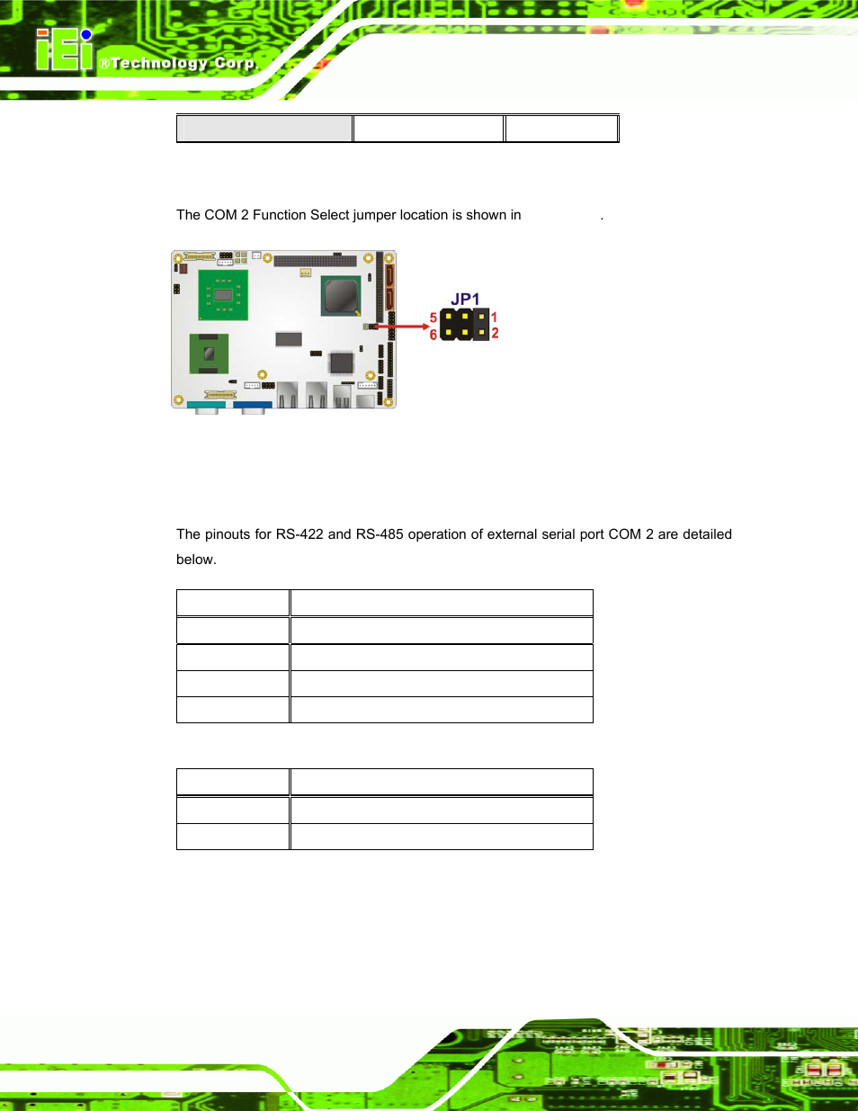 1 com2 rs-422 and rs-485 pinouts, Figure 4-19: com 2 function select jumper location, Table 4-6: com 2 function select jumper settings | Table 4-7: rs-422 pinouts, Table 4-8: rs-485 pinouts | IEI Integration PPC-37xx-N270 v2.00 User Manual | Page 60 / 155