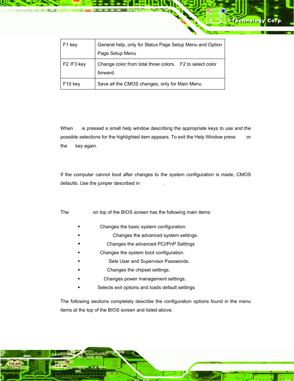 3 getting help, 4 unable to reboot after configuration changes, 5 bios menu bar | Table 5-1: bios navigation keys | IEI Integration PPC-37xx-N270 v2.00 User Manual | Page 79 / 155