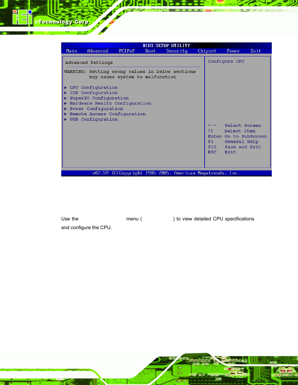 1 cpu configuration, Menu 2: advanced | IEI Integration PPC-37xx-N270 v2.00 User Manual | Page 82 / 155