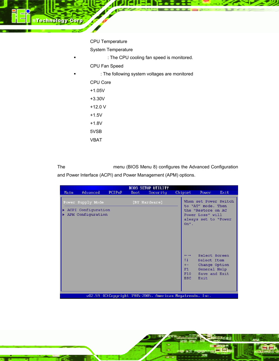 5 power configuration, Menu 8: power configuration | IEI Integration PPC-37xx-N270 v2.00 User Manual | Page 98 / 155