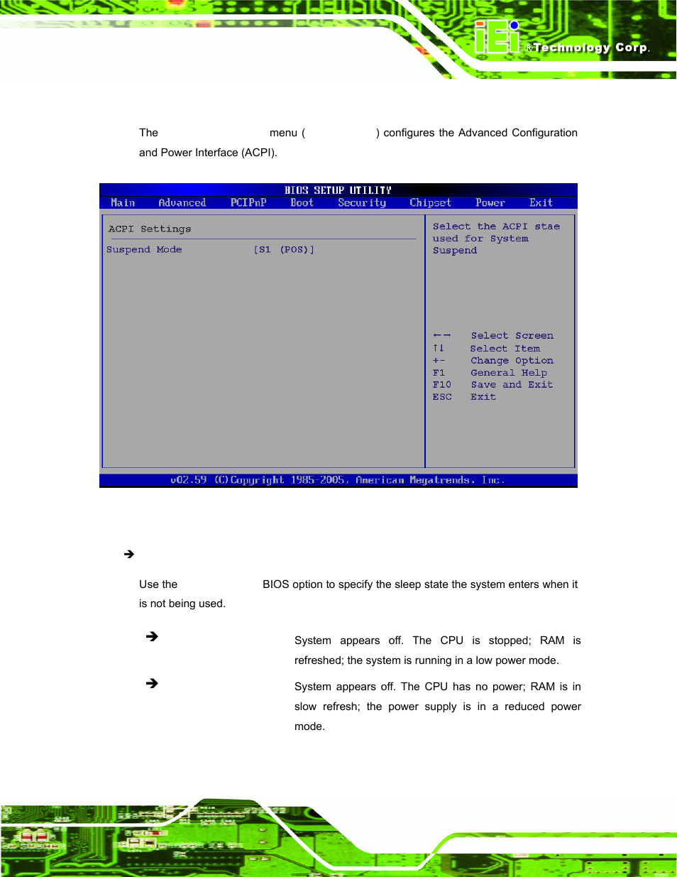 1 acpi configuration, Menu 9: acpi configuration | IEI Integration PPC-37xx-N270 v2.00 User Manual | Page 99 / 155