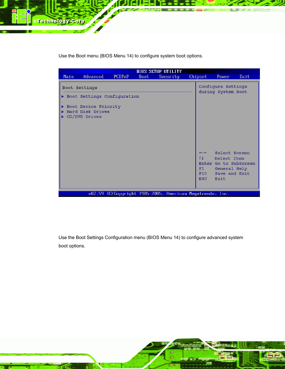 5 boot, 1 boot settings configuration, Menu 14: boot | IEI Integration PPC-37xx-N270 v2.11 User Manual | Page 108 / 155