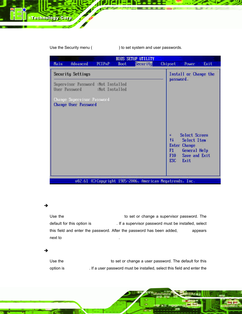 6 security, Ecurity, Menu 17: security | IEI Integration PPC-37xx-N270 v2.11 User Manual | Page 112 / 155