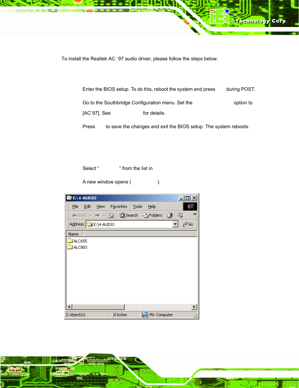 6 realtek ac`97 audio driver (alc655) installation, 1 bios setup, 2 driver installation | Ealtek, Ac`97 a, Udio, River, Alc655), Nstallation, Figure 6-22: select the audio codec | IEI Integration PPC-37xx-N270 v2.11 User Manual | Page 135 / 155