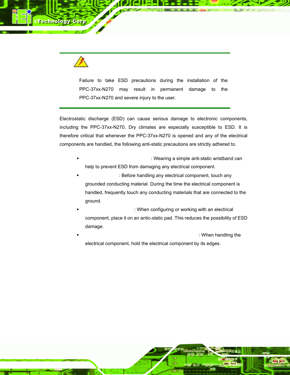 A.1.2 anti-static precautions | IEI Integration PPC-37xx-N270 v2.11 User Manual | Page 142 / 155