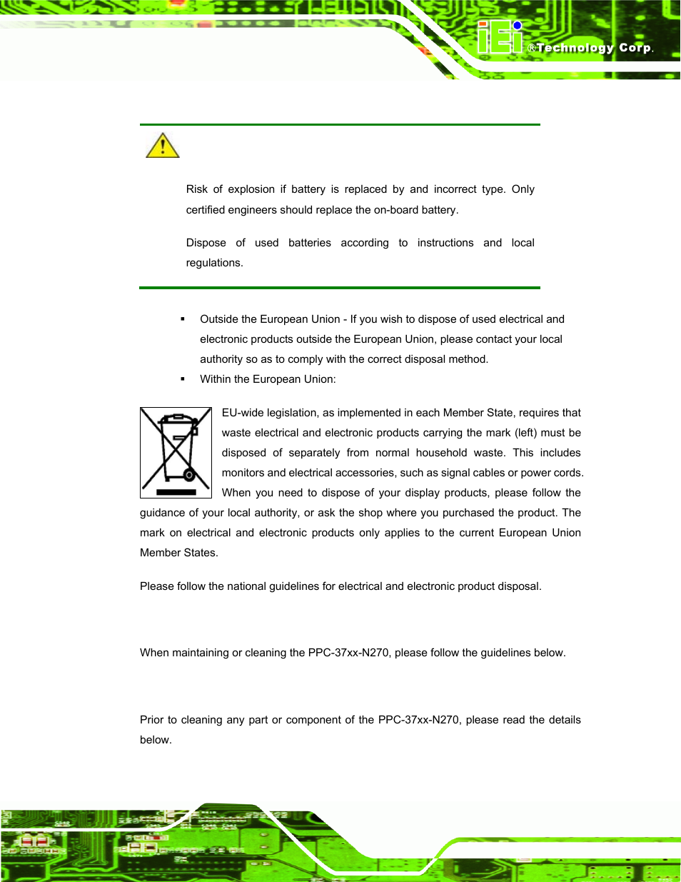 A.1.3 product disposal, A.2 maintenance and cleaning precautions, A.2.1 maintenance and cleaning | Aintenance and, Leaning, Recautions | IEI Integration PPC-37xx-N270 v2.11 User Manual | Page 143 / 155