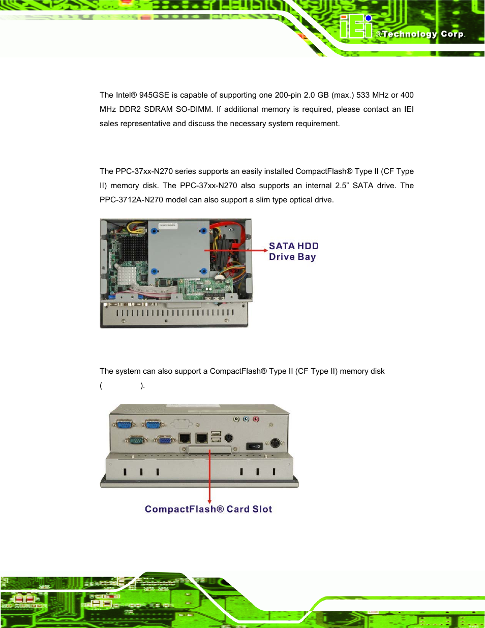 2 additional memory, 2 storage capacity, Figure 2-5: ppc-3708a sata hard disk drive bay | Figure 2-6: ppc-3708a compactflash® slot | IEI Integration PPC-37xx-N270 v2.11 User Manual | Page 27 / 155