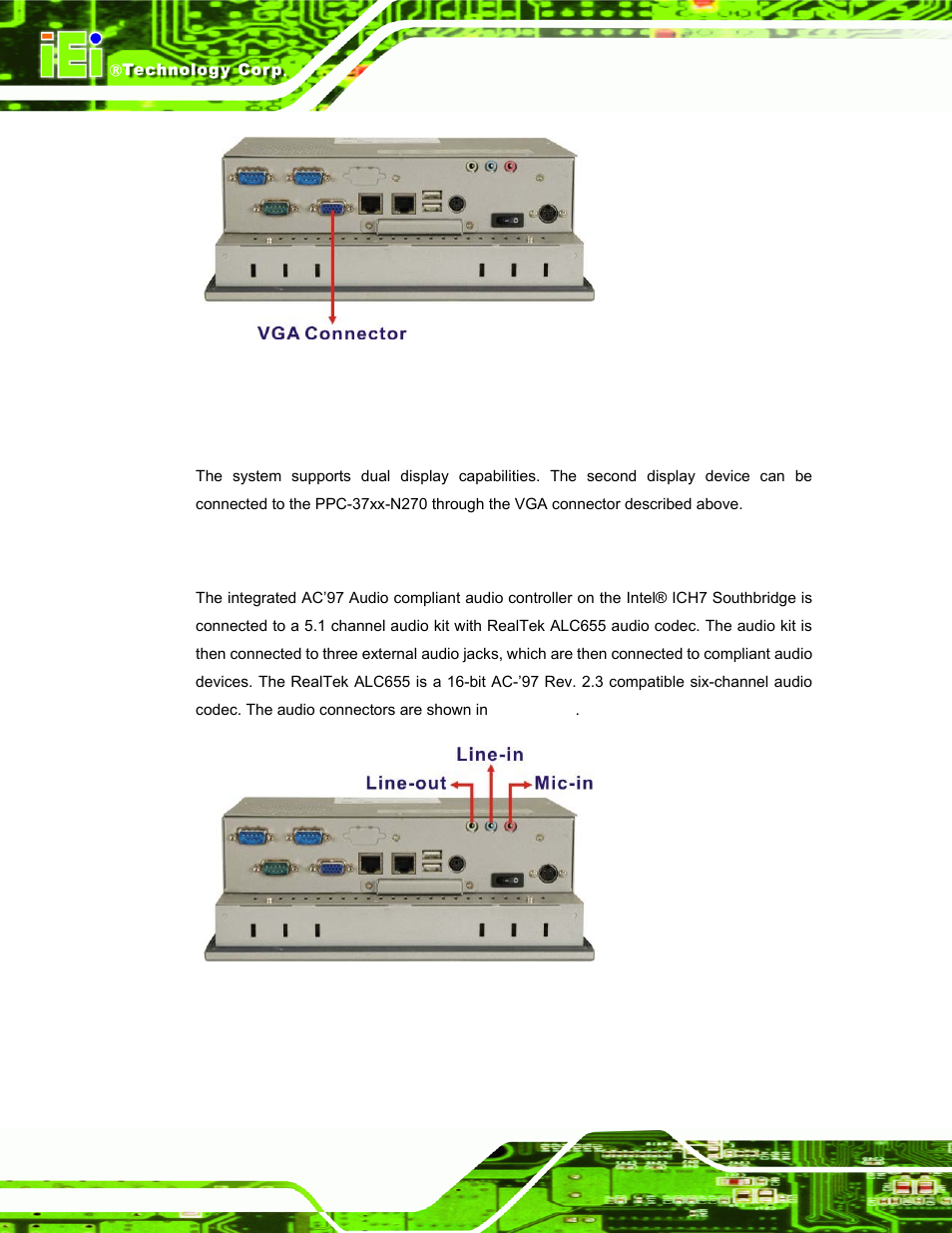 2 dual-display, 7 audio, Udio | Figure 2-12: ppc-3708a vga connector, Figure 2-13: ppc-3708a audio jack | IEI Integration PPC-37xx-N270 v2.11 User Manual | Page 32 / 155