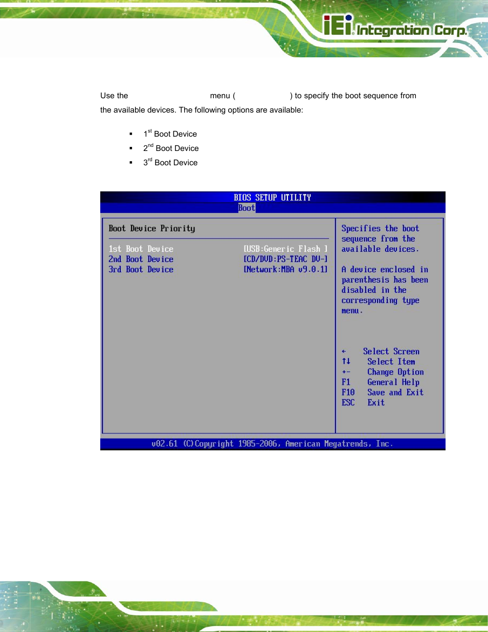 2 boot device priority, Menu 16: boot device priority settings | IEI Integration PPC-37xx-N270 v2.20 User Manual | Page 113 / 162