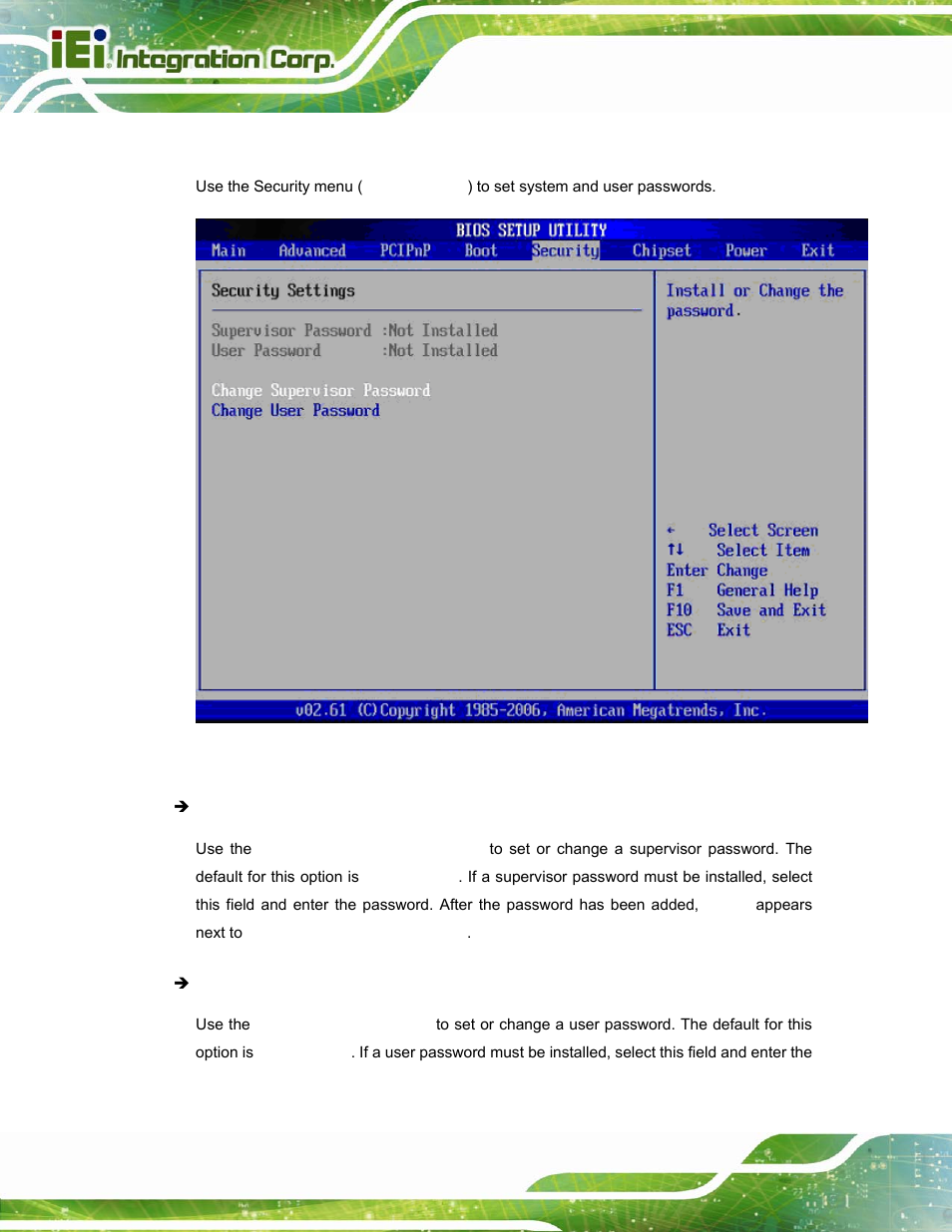 6 security, Ecurity, Menu 17: security | IEI Integration PPC-37xx-N270 v2.20 User Manual | Page 114 / 162