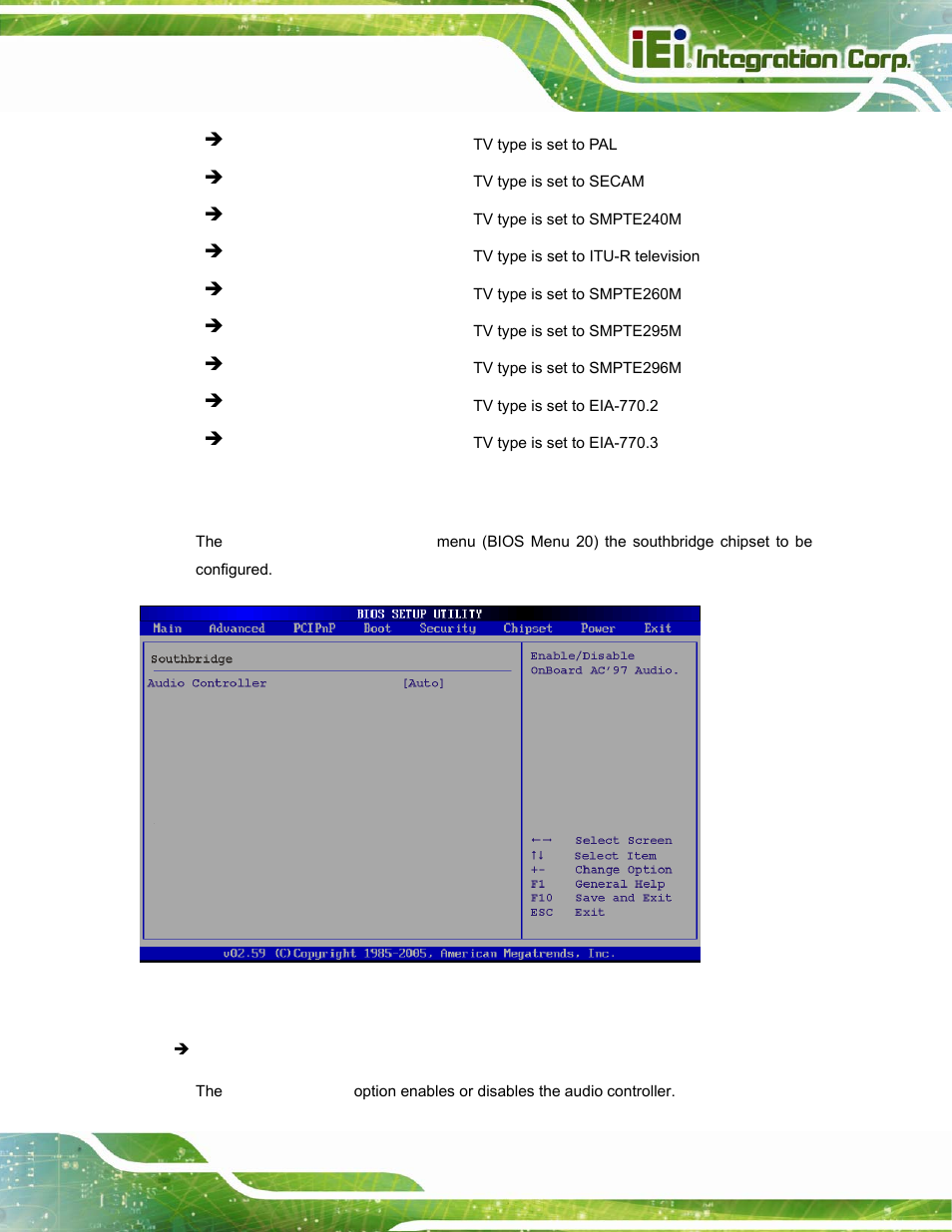 2 southbridge configuration, Menu 20:southbridge chipset configuration | IEI Integration PPC-37xx-N270 v2.20 User Manual | Page 119 / 162