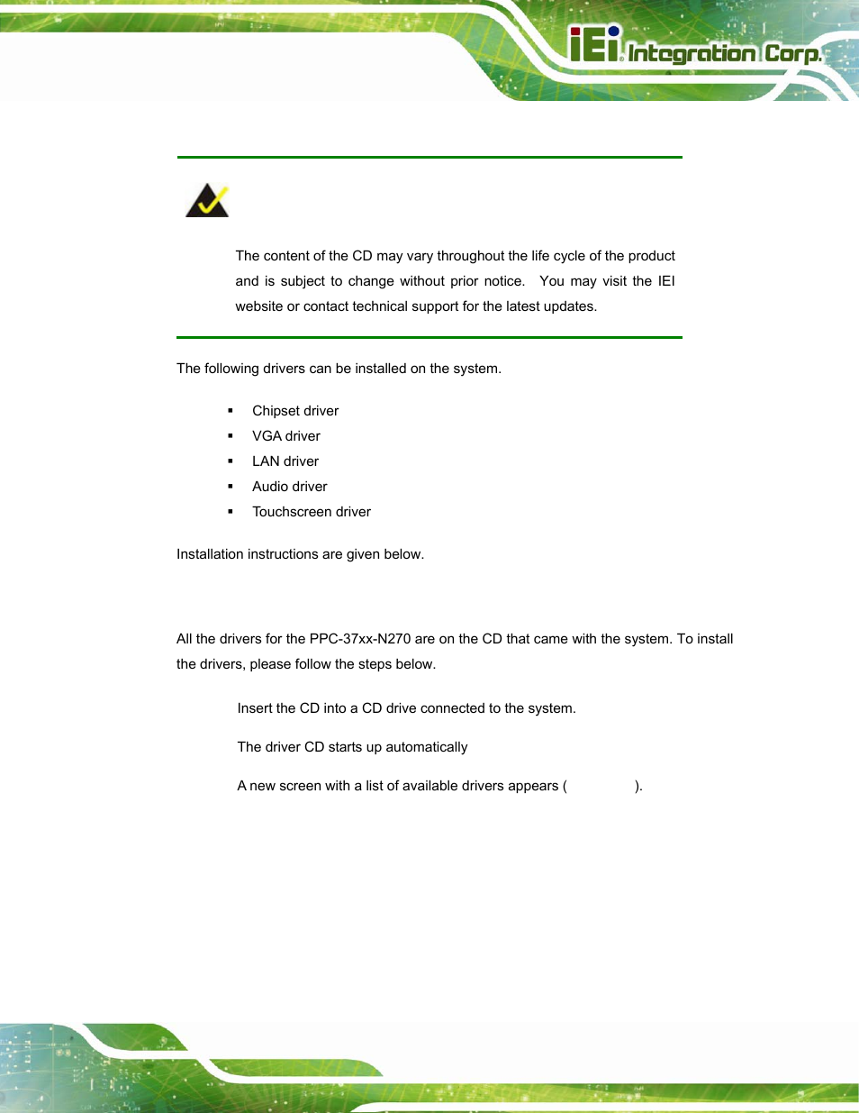 1 available software drivers, 2 driver cd auto-run, Vailable | Oftware, Rivers, River | IEI Integration PPC-37xx-N270 v2.20 User Manual | Page 123 / 162