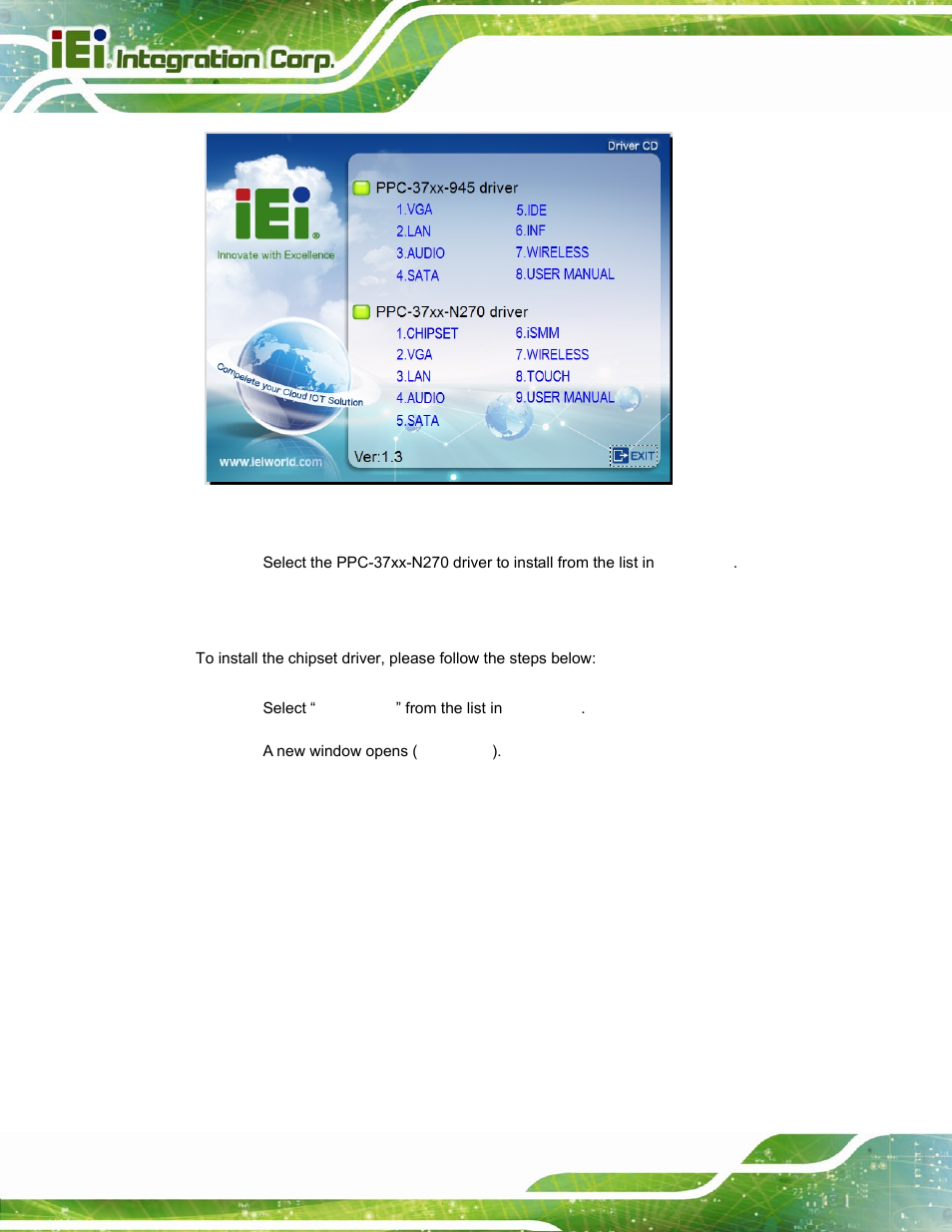 3 chipset driver installation, Hipset, River | Nstallation, Figure 6-1: available drivers | IEI Integration PPC-37xx-N270 v2.20 User Manual | Page 124 / 162
