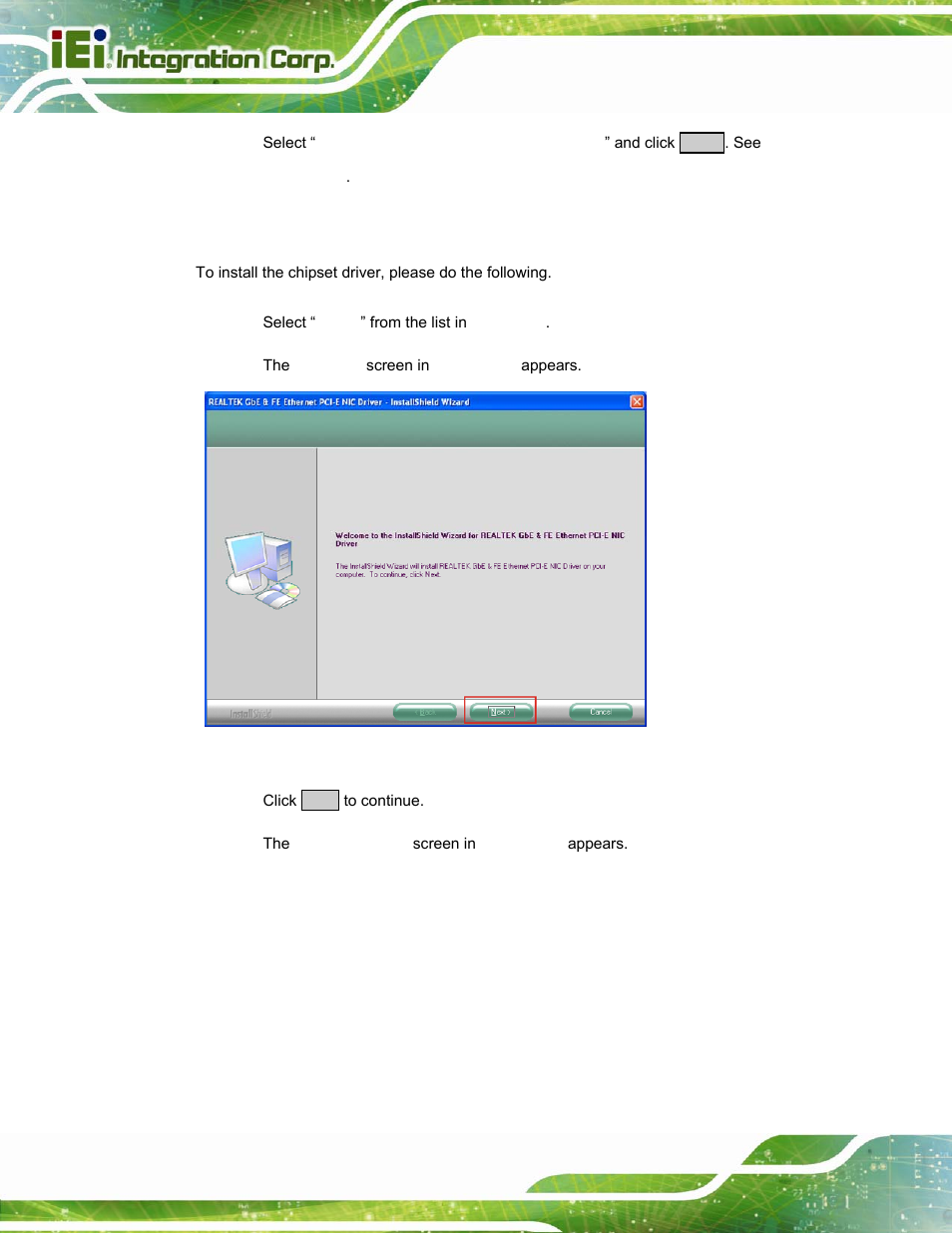 5 realtek lan driver installation, Ealtek, River | Nstallation, Figure 6-17: lan driver welcome screen | IEI Integration PPC-37xx-N270 v2.20 User Manual | Page 134 / 162