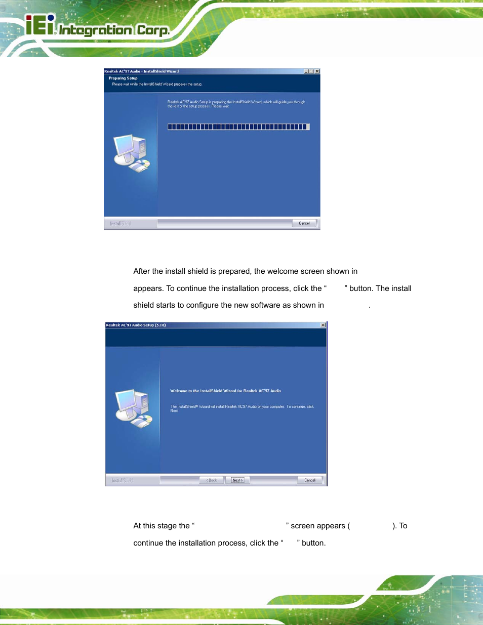 Figure 6-23: ac`97 audio driver setup preparation, Figure 6-24: ac`97 audio driver welcome screen | IEI Integration PPC-37xx-N270 v2.20 User Manual | Page 138 / 162