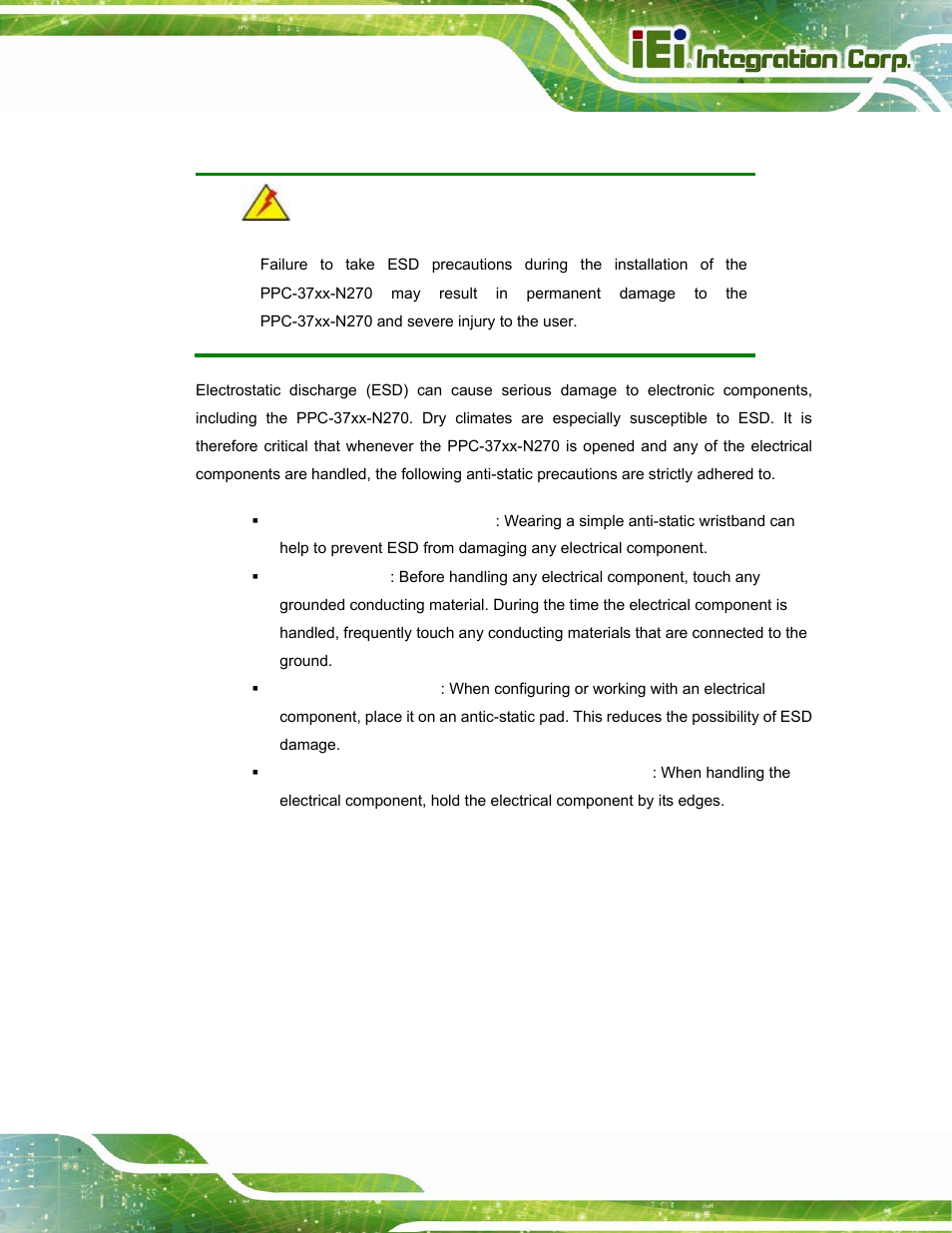 A.1.2 anti-static precautions | IEI Integration PPC-37xx-N270 v2.20 User Manual | Page 149 / 162