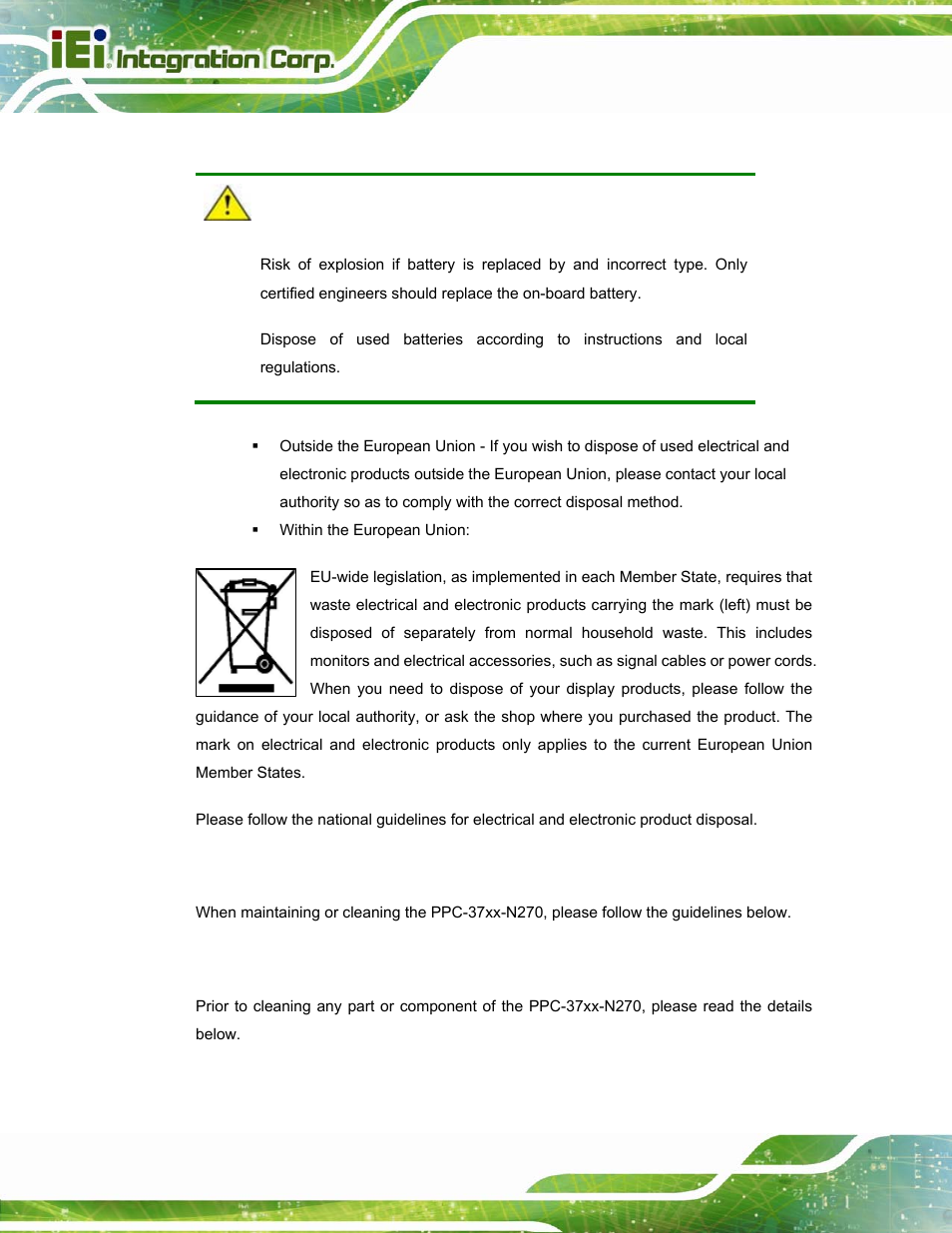 A.1.3 product disposal, A.2 maintenance and cleaning precautions, A.2.1 maintenance and cleaning | Aintenance and, Leaning, Recautions | IEI Integration PPC-37xx-N270 v2.20 User Manual | Page 150 / 162