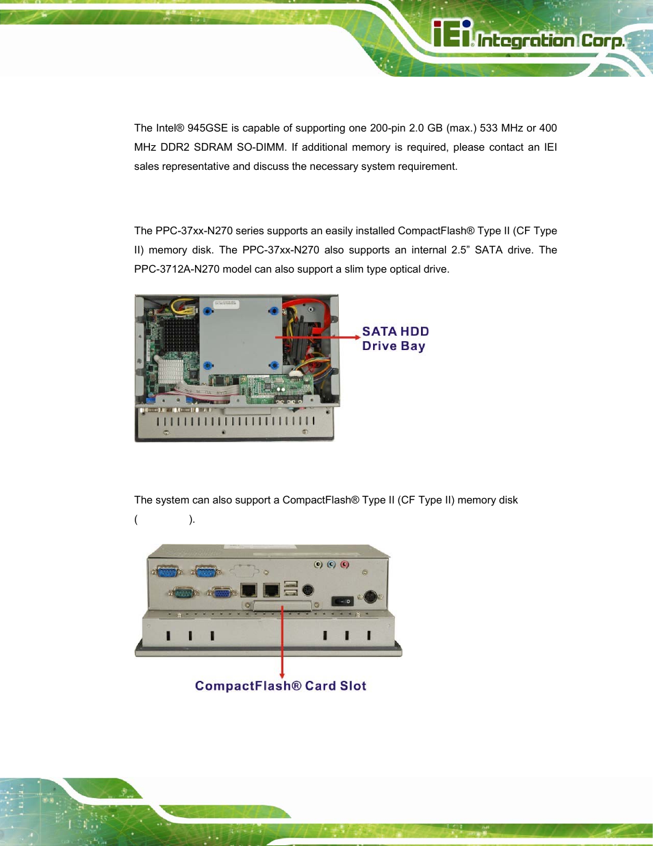 2 additional memory, 2 storage capacity, Figure 2-4: ppc-3708a sata hard disk drive bay | Figure 2-5: ppc-3708a compactflash® slot | IEI Integration PPC-37xx-N270 v2.20 User Manual | Page 29 / 162
