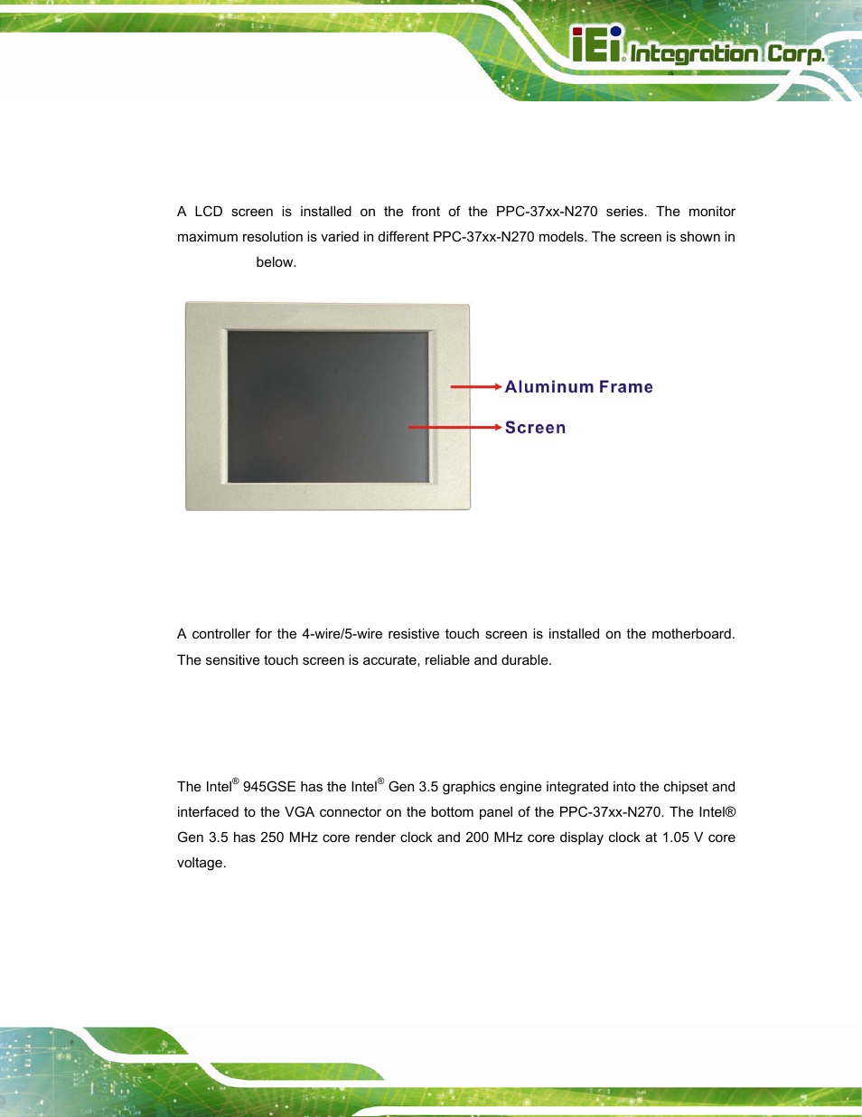 5 ppc-37xx-n270 front side, 1 monitor, 2 touch-screen module | 6 graphics, 1 intel® 945gse integrated graphics engine, Ppc-37, N270, Ront, Raphics, 1 intel | IEI Integration PPC-37xx-N270 v2.20 User Manual | Page 33 / 162