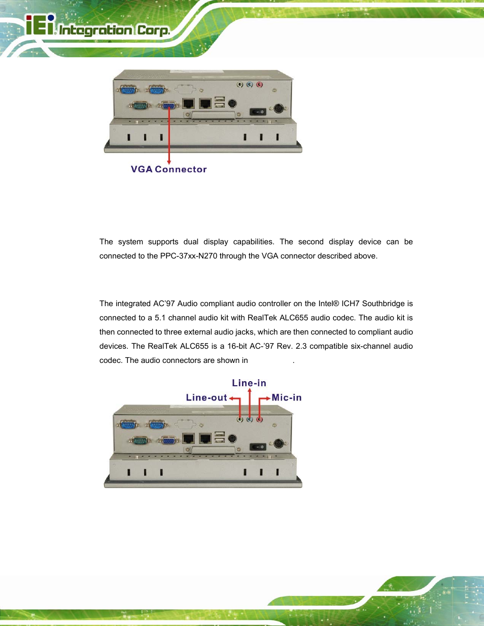 2 dual-display, 7 audio, Udio | Figure 2-11: ppc-3708a vga connector, Figure 2-12: ppc-3708a audio jack | IEI Integration PPC-37xx-N270 v2.20 User Manual | Page 34 / 162