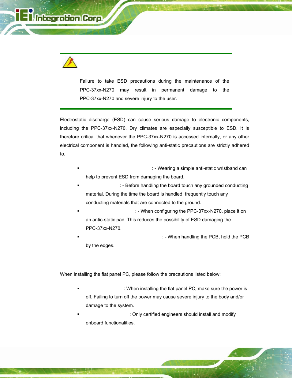 1 anti-static precautions, 2 installation precautions, Static | Recautions, Nstallation | IEI Integration PPC-37xx-N270 v2.20 User Manual | Page 42 / 162