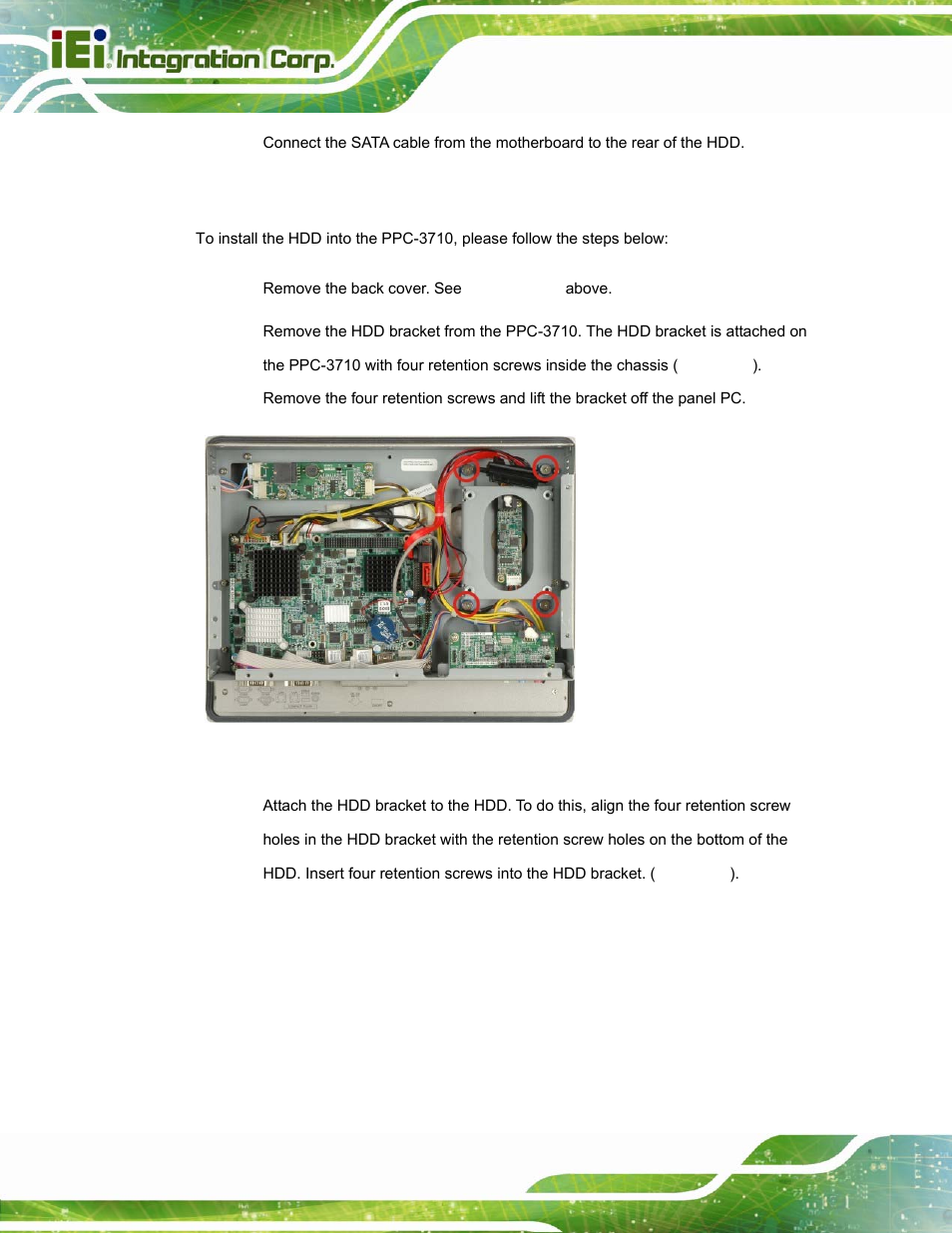 2 ppc-3710 hdd installation, Figure 4-8: ppc-3710 hdd bracket retention screws | IEI Integration PPC-37xx-N270 v2.20 User Manual | Page 48 / 162