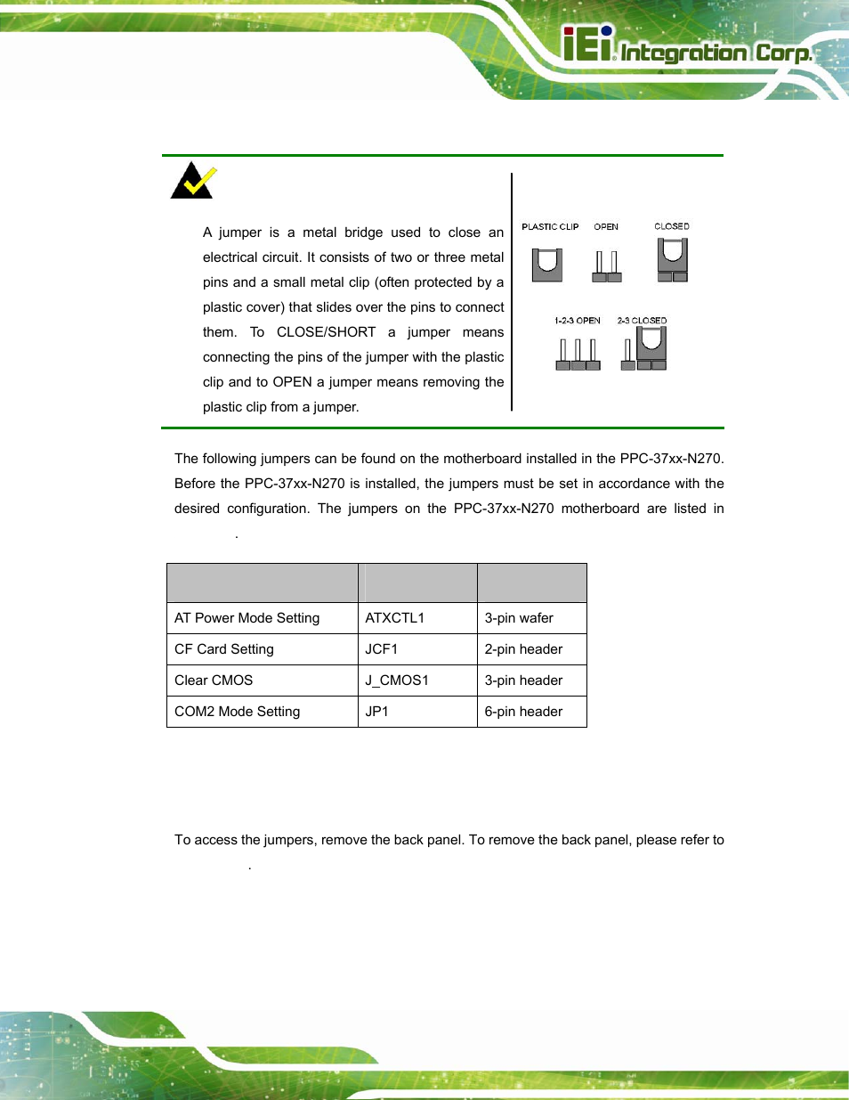 10 jumper settings, 1 access the jumpers, Umper | Ettings, Figure 4-14: jumper locations, Table 4-1: jumpers | IEI Integration PPC-37xx-N270 v2.20 User Manual | Page 53 / 162