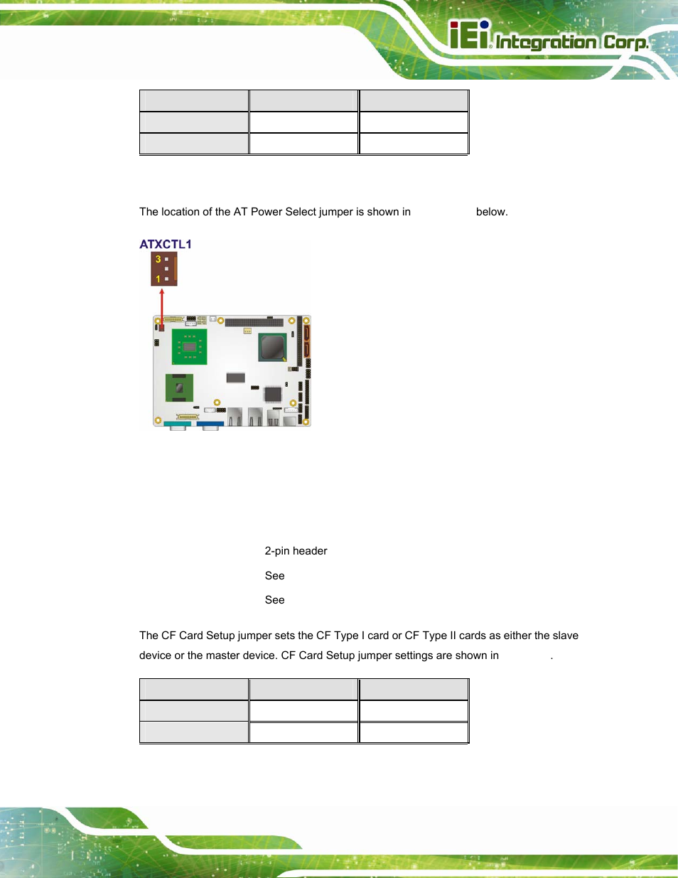 4 cf card setup, Figure 4-15: at power select jumper location, Table 4-3: at power select jumper settings | Table 4-4: cf card setup jumper settings, See table 4-3, See figure 4-15, Table 4-3 | IEI Integration PPC-37xx-N270 v2.20 User Manual | Page 55 / 162