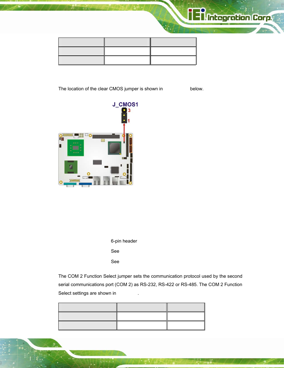 6 com 2 function select jumper, Figure 4-17: clear cmos jumper, Table 4-5: clear cmos jumper settings | IEI Integration PPC-37xx-N270 v2.20 User Manual | Page 57 / 162