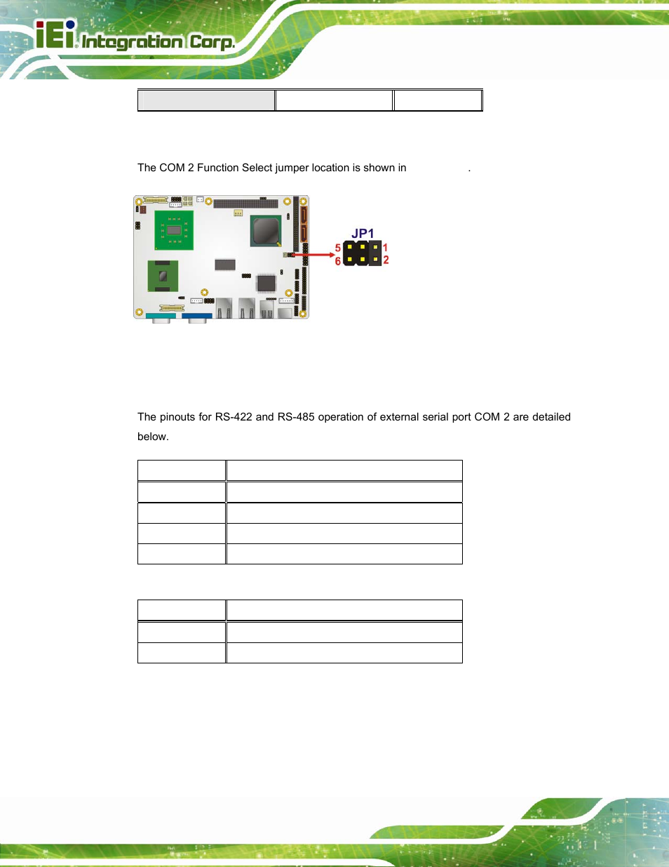 1 com2 rs-422 and rs-485 pinouts, Figure 4-18: com 2 function select jumper location, Table 4-6: com 2 function select jumper settings | Table 4-7: rs-422 pinouts, Table 4-8: rs-485 pinouts | IEI Integration PPC-37xx-N270 v2.20 User Manual | Page 58 / 162