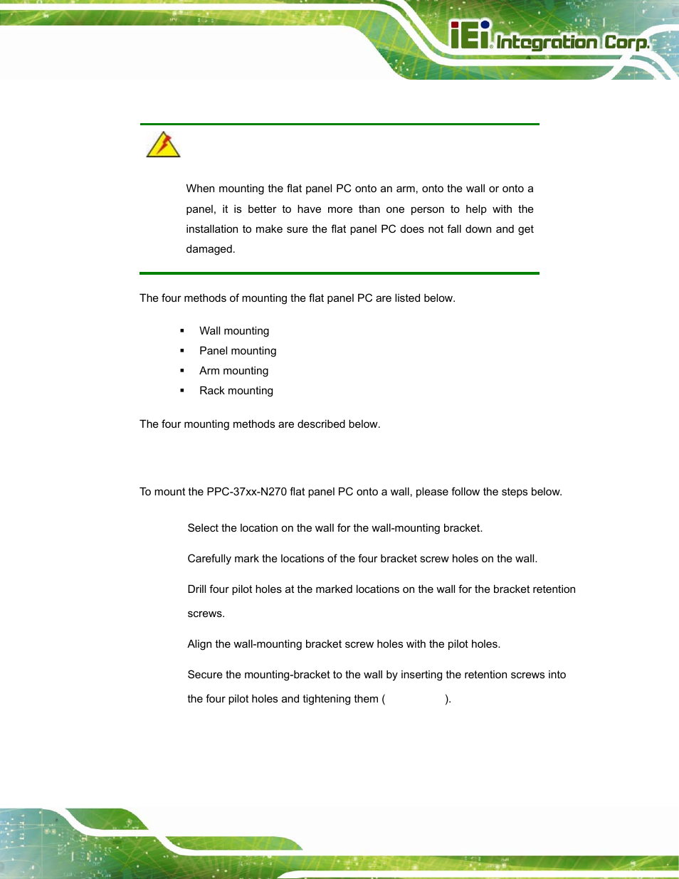 11 mounting the system, 1 wall mounting, Ounting the | Ystem | IEI Integration PPC-37xx-N270 v2.20 User Manual | Page 59 / 162