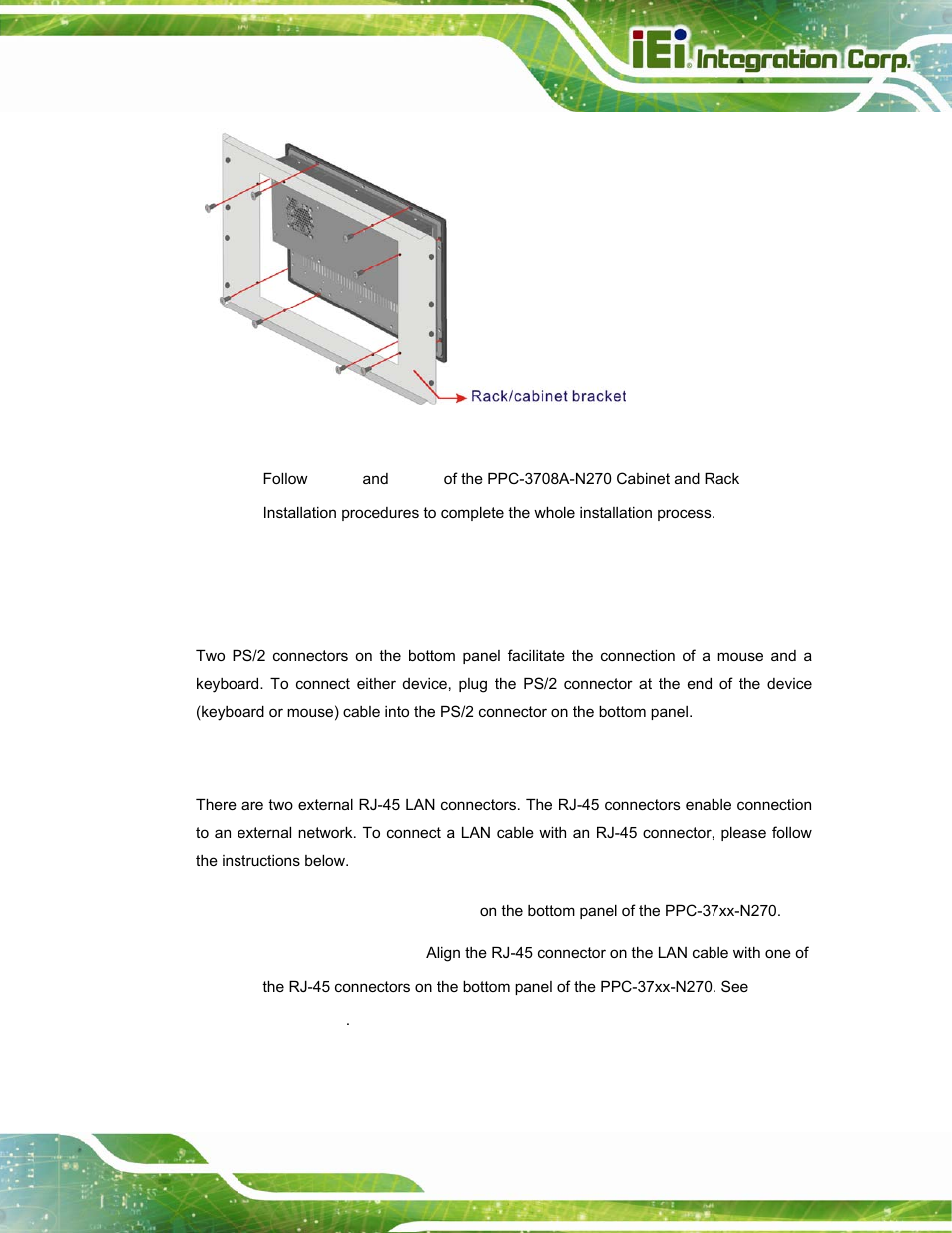 12 rear panel connectors, 1 keyboard and mouse connection, 2 lan connection | Anel, Onnectors, Figure 4-33: secure the rack/cabinet bracket | IEI Integration PPC-37xx-N270 v2.20 User Manual | Page 71 / 162