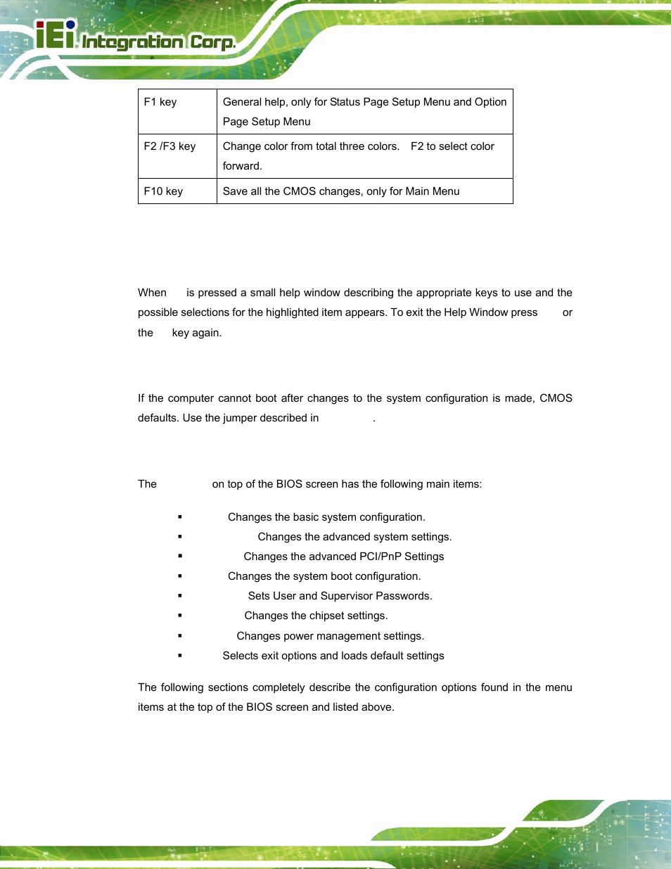 3 getting help, 4 unable to reboot after configuration changes, 5 bios menu bar | Table 5-1: bios navigation keys | IEI Integration PPC-37xx-N270 v2.20 User Manual | Page 78 / 162