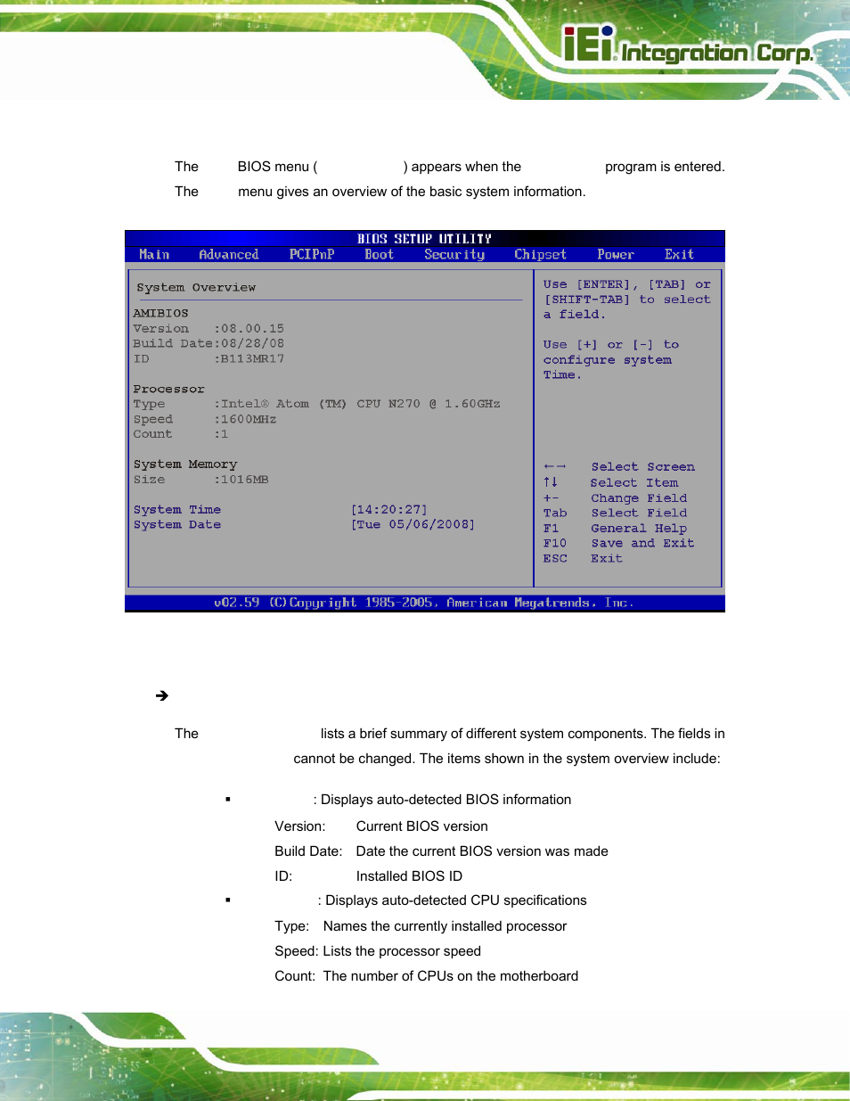 2 main, Menu 1: main | IEI Integration PPC-37xx-N270 v2.20 User Manual | Page 79 / 162