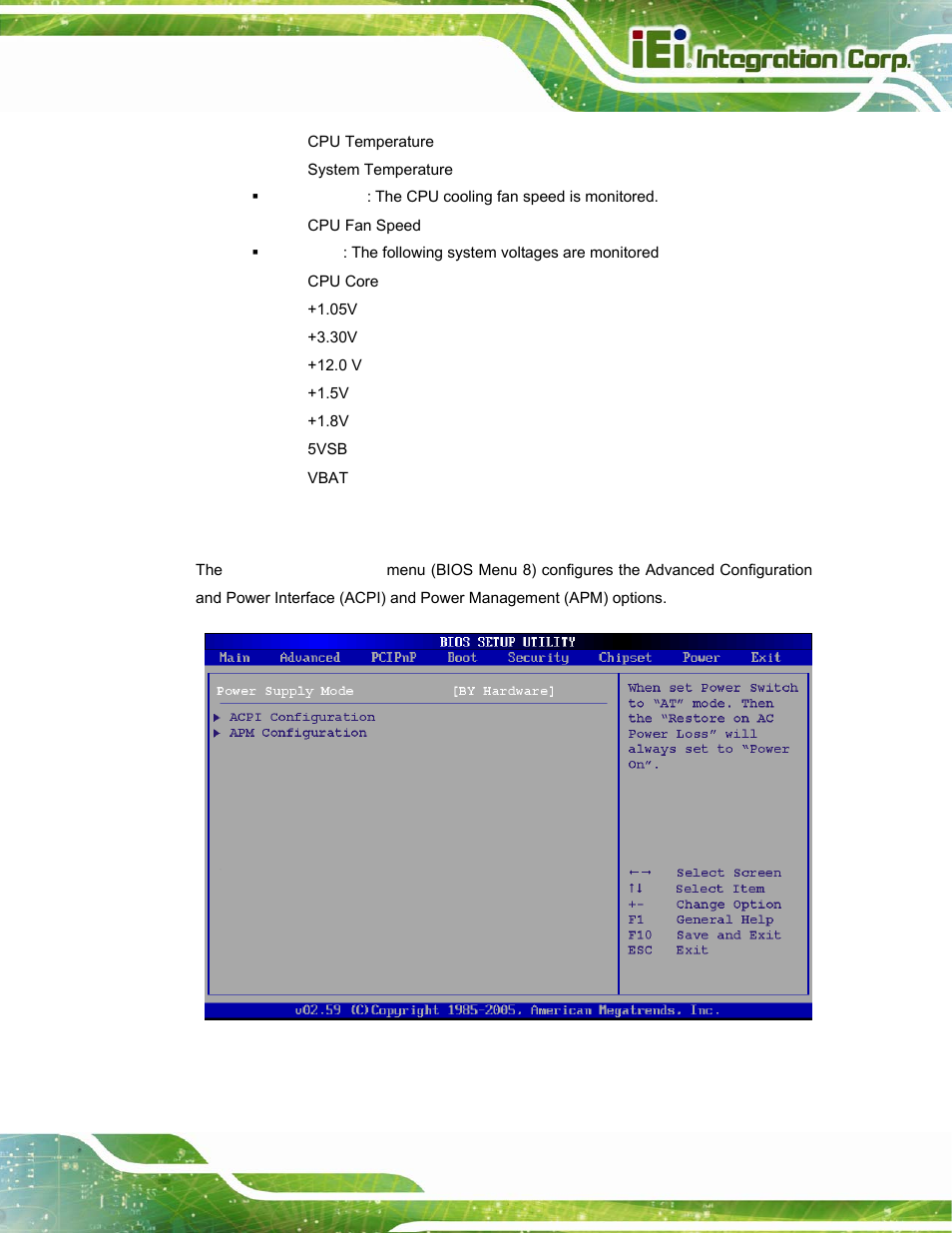 5 power configuration, Menu 8: power configuration | IEI Integration PPC-37xx-N270 v2.20 User Manual | Page 97 / 162