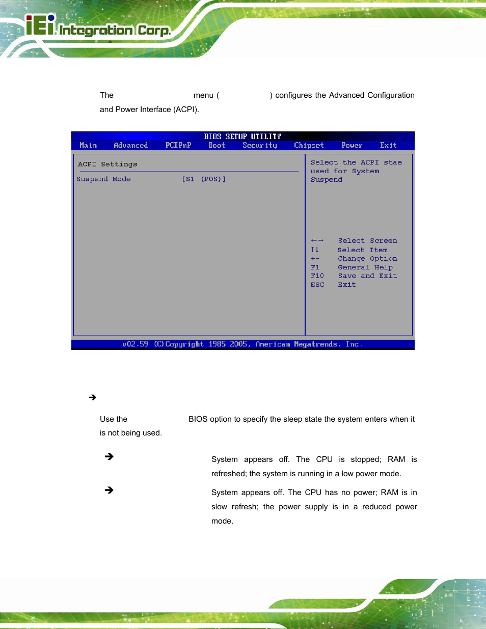 1 acpi configuration, Menu 9: acpi configuration | IEI Integration PPC-37xx-N270 v2.20 User Manual | Page 98 / 162