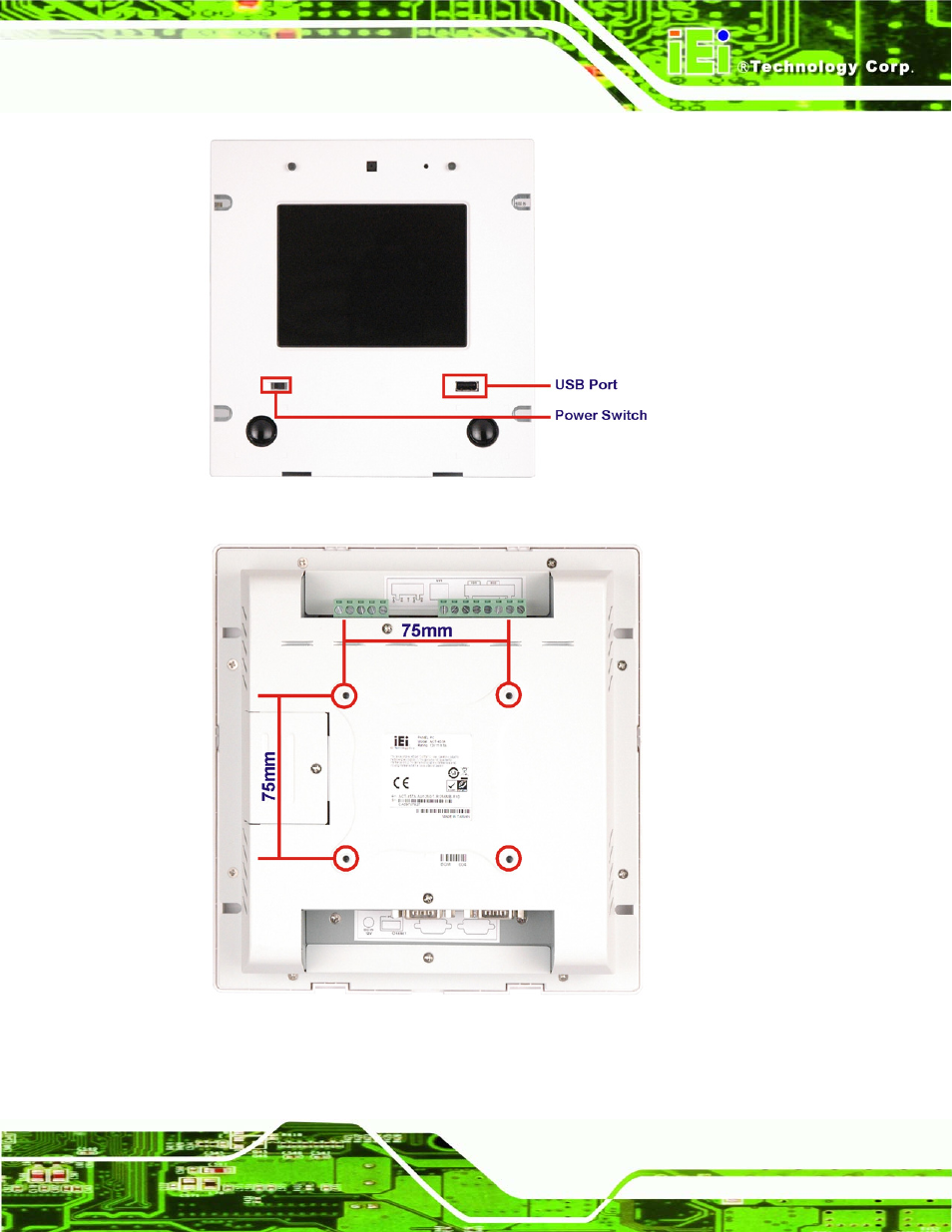 Figure 1-3: front view (faceplate removed), Figure 1-4: rear panel vesa mounting holes | IEI Integration ACT-457A User Manual | Page 13 / 67
