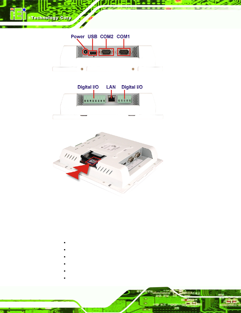 5 internal parts, Nternal, Arts | Figure 1-5: bottom i/o, Figure 1-6: top i/o, Figure 1-7: compactflash® card slot | IEI Integration ACT-457A User Manual | Page 14 / 67